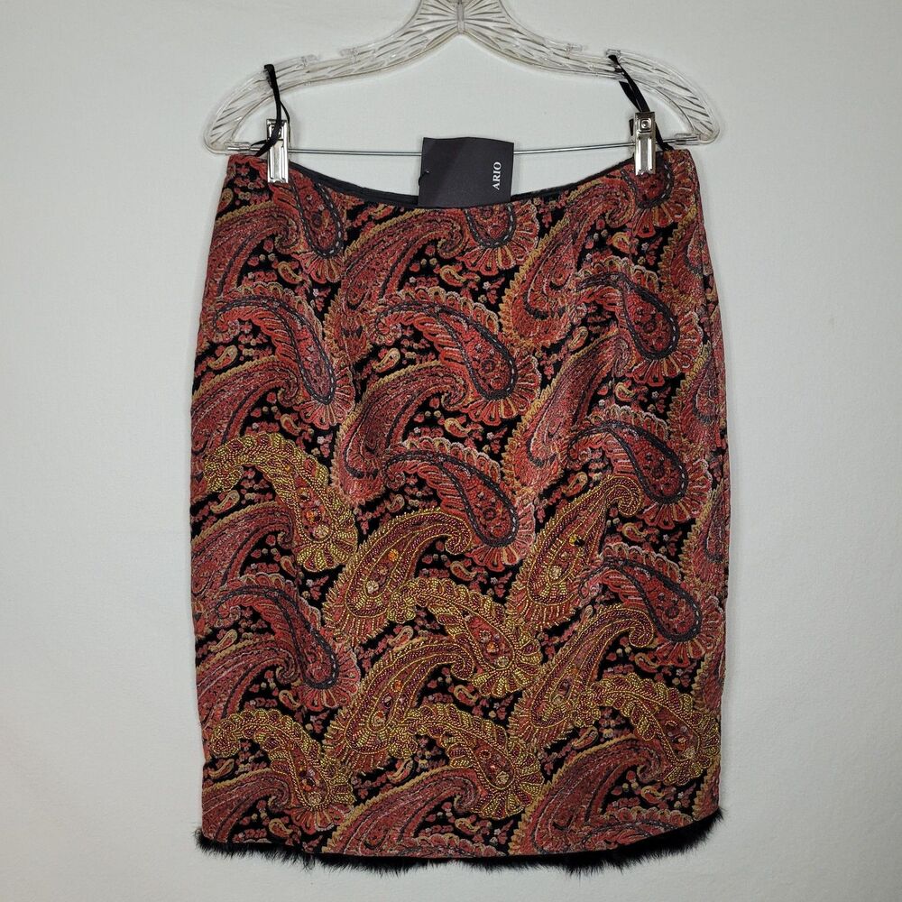 NWT Ario Beaded Pencil Skirt Red Gold Paisley Velvet Womens L Boho Maximalist